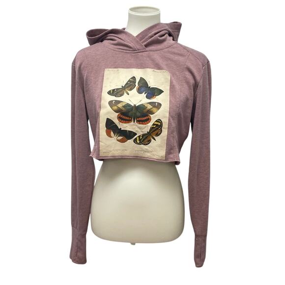 Hand Printed Upcycled Womens Medium Vintage Book Butterfly Page Cropped Hoodie - Picture 1 of 5
